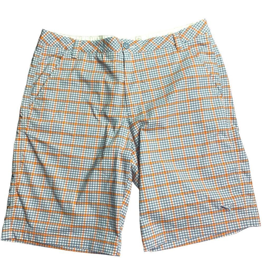 PUMA Golf Tech Men’s Sz 36 Orange Grey Checkered Flat Front Shorts
